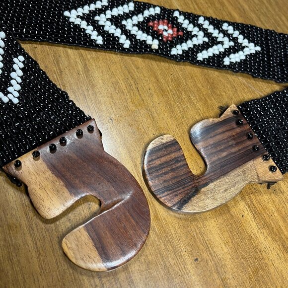 Vintage Hand Beaded Black White Elastic Stretch Belt Wood Detail Boho 31"-33" - Picture 4 of 8